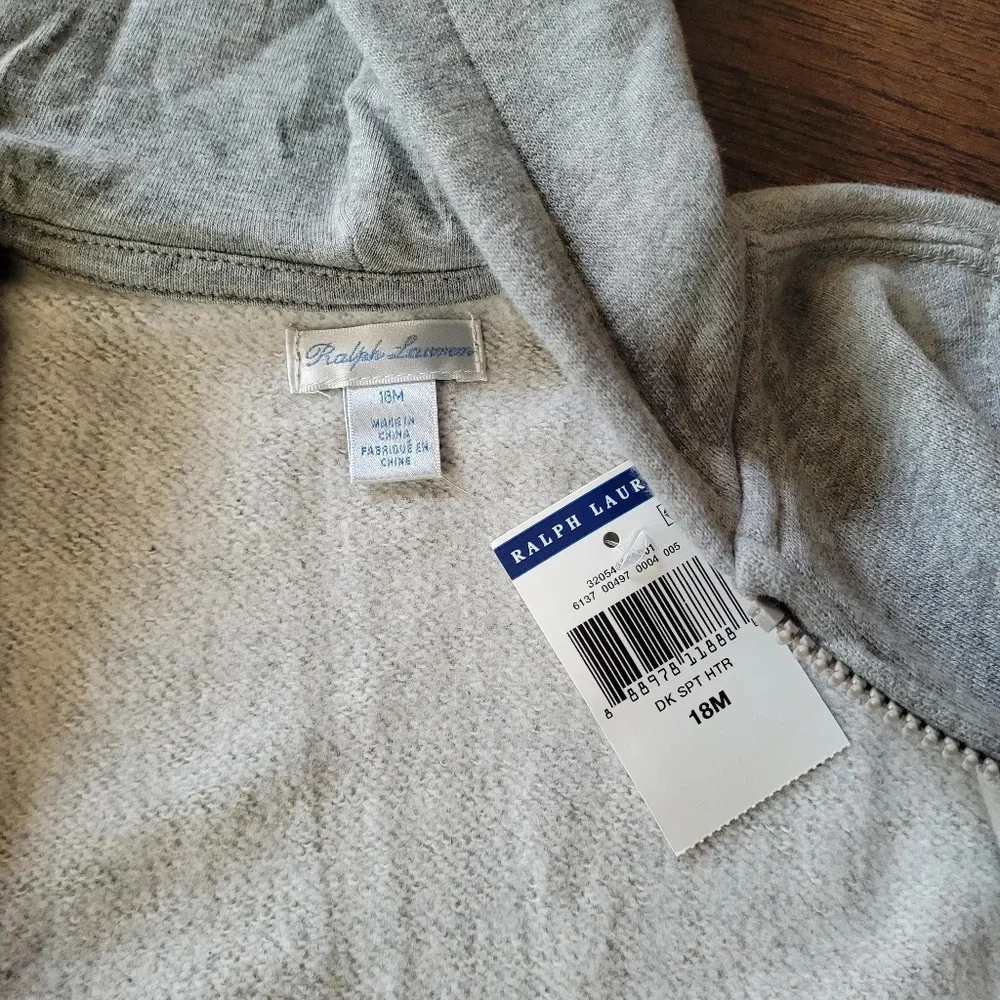 Ralph Lauren Gray Full Zip Hoodie Size 18 Months NEW with Tag